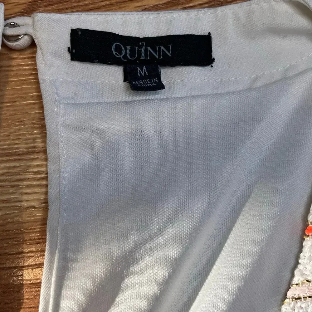 Quinn Sz M Tweed Shift Dress White Sleeveless Pastel Coastal Preppy Spring Style